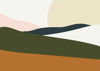 Obraz premium Contemporary abstract landscape with hills, fields and mountains in modern minimalists style. Vector illustration in warm colors is perfect for social media, site, wall art, posters, cards, prints etc