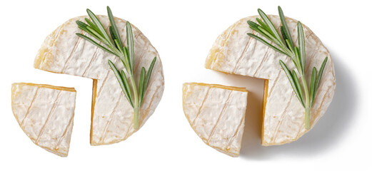 Camembert cheese isolated on white background, Fresh camembert cheese with sliced camembert isolated.