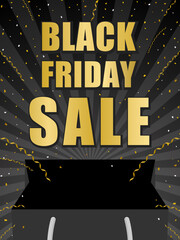 ブラックフライデー　広告テンプレート／ショッピングバッグと飛び出る紙吹雪、テープ　黒背景（縦向き）