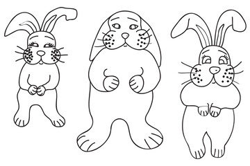 Rabbits drawn in black outline can be used for coloring, cards, posters, Christmas and other occasions.