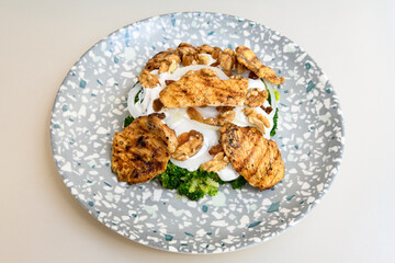 Chicken wings barbeque in a dish with BBQ grill sauce . Izgara tavuk kelebek sis kanat. Tavuk sis, gogus.