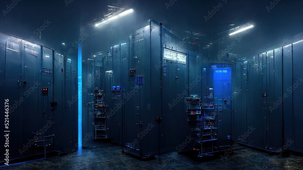 Aufkleber Raster illustration of remote server. Cloud storage, hard disk, cyberpunk style, technology, password shelves, data transfer. Data storage concept. 3D rendering raster background for business