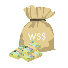 Samoan Tala Vector Illustration. Samoa money set bundle banknotes. Money bag 100 WST. Flat style. Isolated on white background. Simple minimal design.
