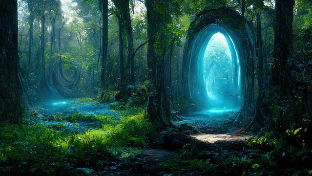 Raster illustration of a portal in the dense forest. Magic powers, wizards, sorcerers, teleportation, Magic realism, science fiction, portal to another world, parallel worlds. 3D artwork illustration
