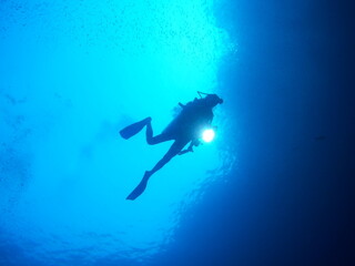 person scuba diving in the blue sea