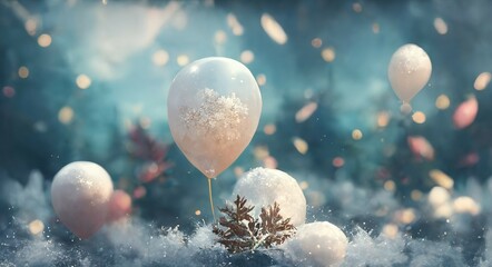Raster illustration of balloons in the winter season. Helium balloons in the snow. Christmas mood. Snowflake inside a ball on a string. Nival concept. 3D rendering raster background