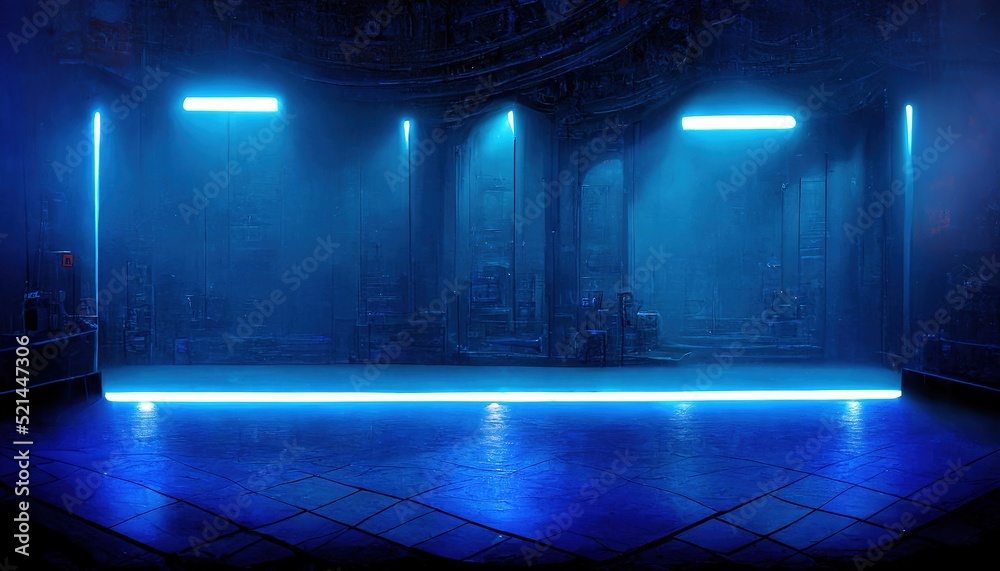 Poster raster illustration of empty room for storing information in neon lighting. cloud storage, server, d