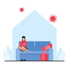 Woman sit and hold phone with love gift box while virus around