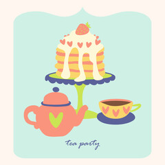 Cake and tea vector set. Food, bakery design. Flat style gift card. Tea party invitation. Heart ornate teapot, cup, strawberry whipped cream cake. Birthday party.
