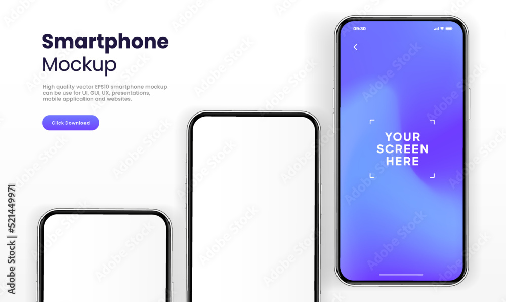 Poster 3D realistic high quality smartphone mockup isolated with white blank screen. Smart phone mockup collection. Device front view. 3D mobile phone with shadow on white background.