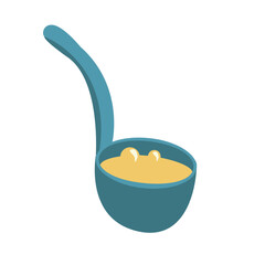 Ladle with soup semi flat color vector object. Cooking food. Kitchen tools. Full sized item on white. Cookery simple cartoon style illustration for web graphic design and animation