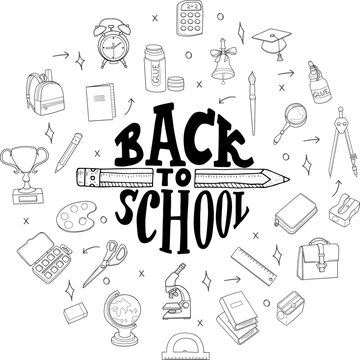 Hand drawn text back to school and school supplies objects set. Vector illustration, doodle style.