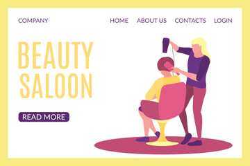 Beauty salon landing page template. Hairdresser making hairstyle in salon website interface.