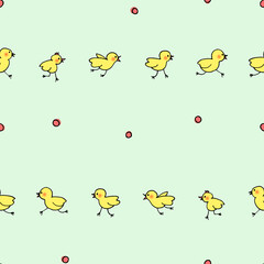 Cute yellow chick characters - seamless pattern with birds on light green background