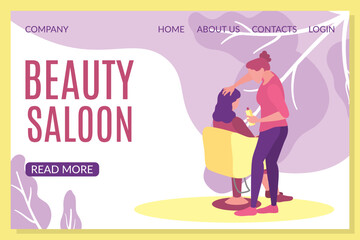 Obraz premium Beauty salon landing page template. Cosmetology, haircutting and barber service concept flat vector illustration. Hairdresser making hairstyle in salon website interface.