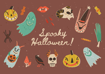 Spooky Halloween A5 card. Creepy Jack-o-lantern, pumpkins scary smiles, odd rabbit, ghosts, skulls, and sweets.