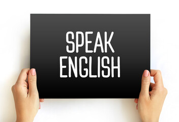 Speak English text on card, education concept background