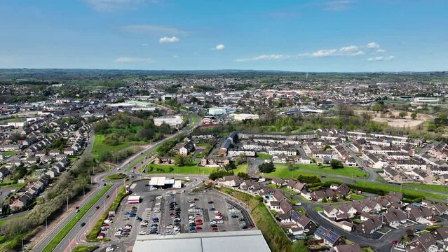 Aerial Video of Industrial and residential buildings in Ballymena Co Antrim Northern Ireland 