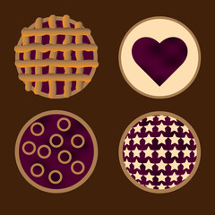 A set of four types of cherry pie decoration. With dough patterns