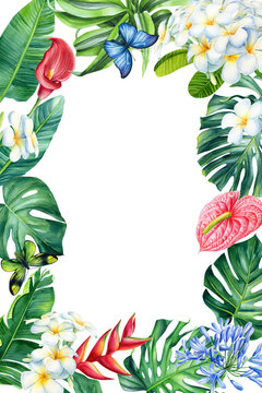 Frame from palm leaves and flowers on isolated white background, watercolor tropical design