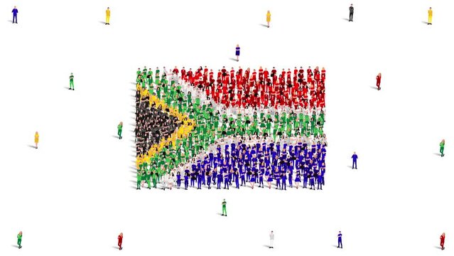 South Africa Flag. A large group of people form to create the shape of the South African flag. 4K Animation Video.