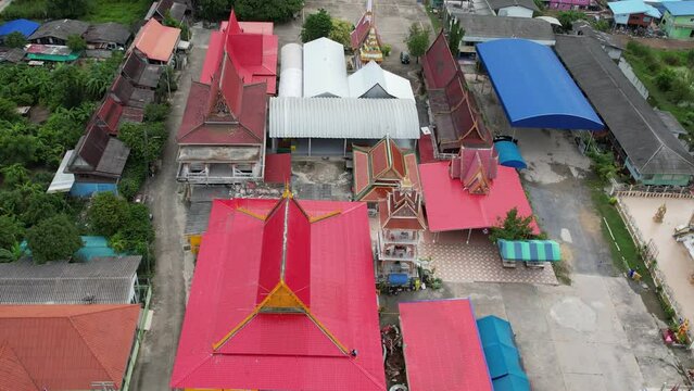 Aerial city view from flying drone at Wat Prem Prachakon ,Chiang Rak Noi, Bang Pa-in District, Phra Nakhon Si Ayutthaya,Thailand
