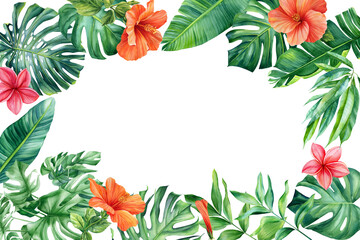 Watercolor palm leaves and hibiscus flowers on isolated white background, Frame floral design