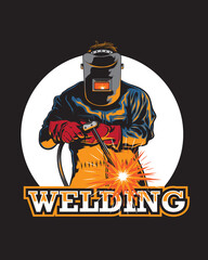 welder  doing job whith sparks, welding text, and simple background vector illustration.