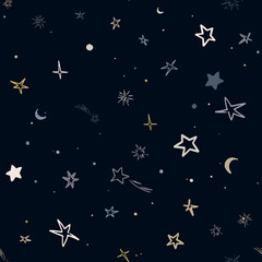 Obraz na płótnie Canvas Vector space seamless pattern with planets, comets, constellations and stars. Night sky hand drawn doodle astronomical background