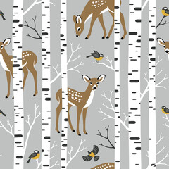 Seamless vector pattern with cute deer and birch forest. Perfect for textile, wallpaper or print design.