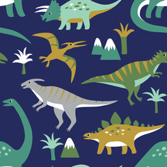 Hand drawn seamless vector pattern with cute dinosaurs, mountains and palm trees. 