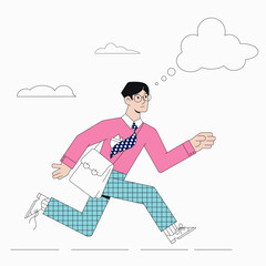 A young man runs after his goal, his dream. Thinks about something. The concept of goals, tasks, plans. Flat style. Modern stock vector illustration of a young man walking towards his goal.