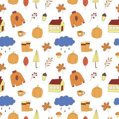 Autumn seamless pattern vector illustration, hand drawing doodles multicolored