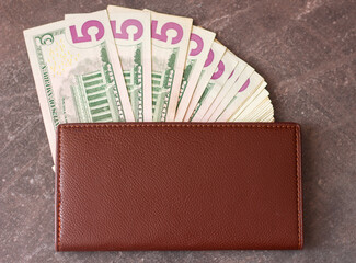 Wallet and banknote american dollars out of focus, small bills exchange inflation, copy space for text? selective focus