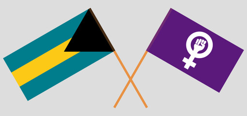 Crossed flags of the Bahamas and Feminism. Official colors. Correct proportion. Vector illustration