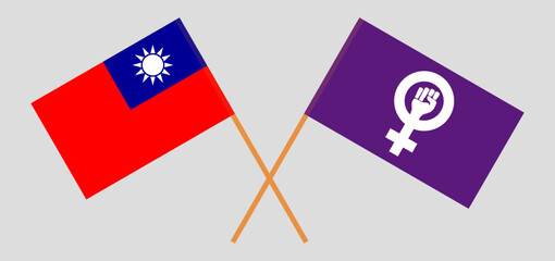 Crossed flags of Taiwan and Feminism. Official colors. Correct proportion