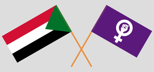 Crossed flags of the Sudan and Feminism. Official colors. Correct proportion