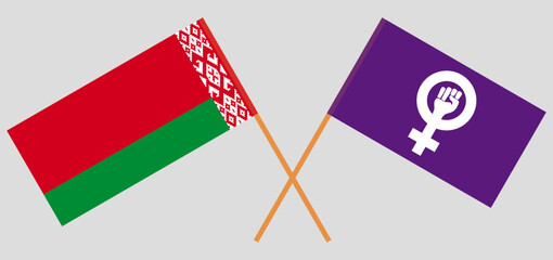Crossed flags of Belarus and Feminism. Official colors. Correct proportion