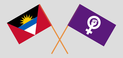 Crossed flags of Antigua and Barbuda and Feminism. Official colors. Correct proportion