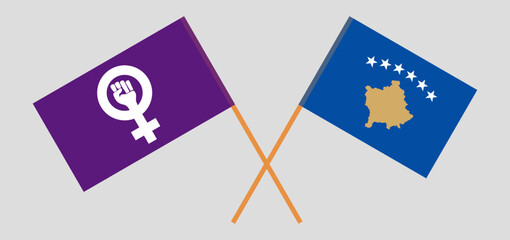 Crossed flags of Feminism and Kosovo. Official colors. Correct proportion