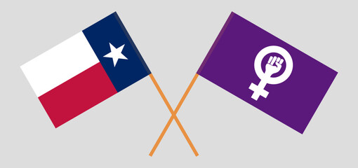 Crossed flags of the State of Texas and Feminism. Official colors. Correct proportion