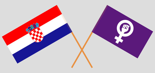 Crossed flags of Croatia and Feminism. Official colors. Correct proportion