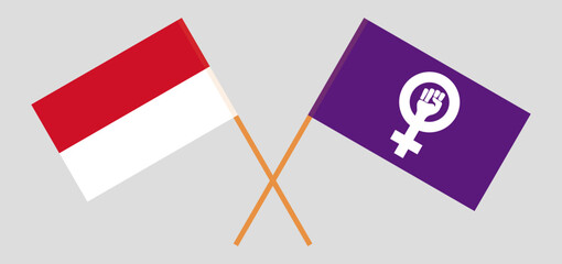 Crossed flags of Indonesia and Feminism. Official colors. Correct proportion