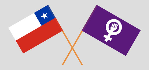 Crossed flags of Chile and Feminism. Official colors. Correct proportion