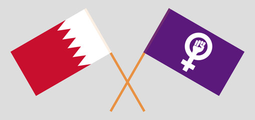 Crossed flags of Bahrain and Feminism. Official colors. Correct proportion