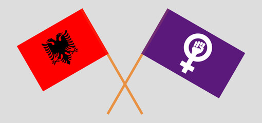 Crossed flags of Albania and Feminism. Official colors. Correct proportion