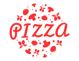 italian pizza street food logo with elements of food: cheese, wine, olives, mushrooms, basil, tomato. Vector illustration	
