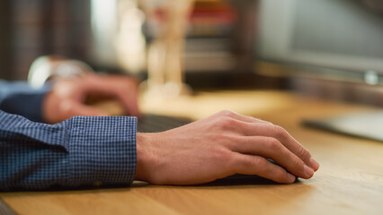 Close Up on Male Hands Working from Home on Desktop Computer, Typing on Keyboard. Student Making Homework Assignment, Studying for School Exams. Young Adult Checking Social Media.