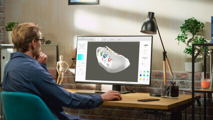 Young Male Footwear Designer Works on 3d Model of Shoe and Change Colours on It While Working on...