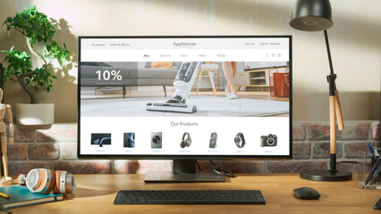 At Home Office: Desktop Computer Standing on Adjustable Table With Page of Online Store of...